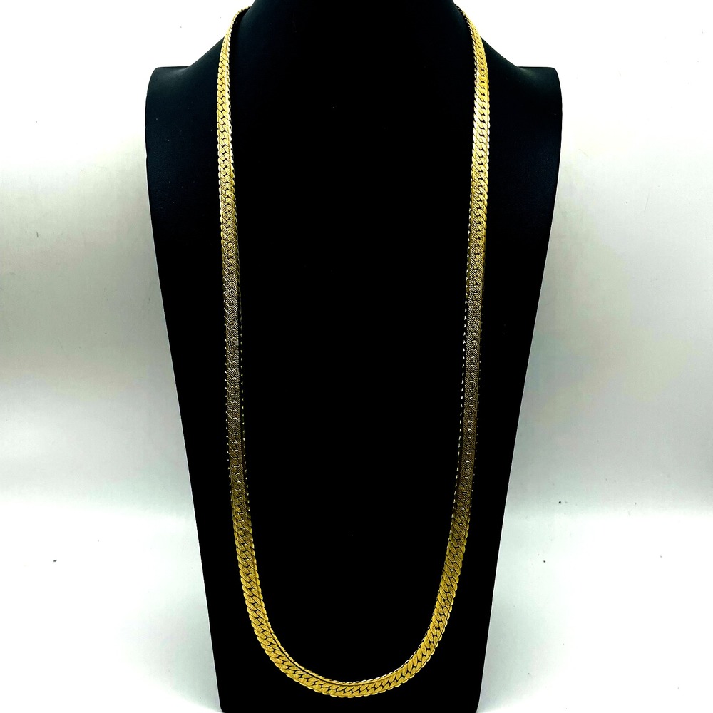 Vintage Herringbone Chain Necklace Gold Tone Long Flat Statement Jewelry